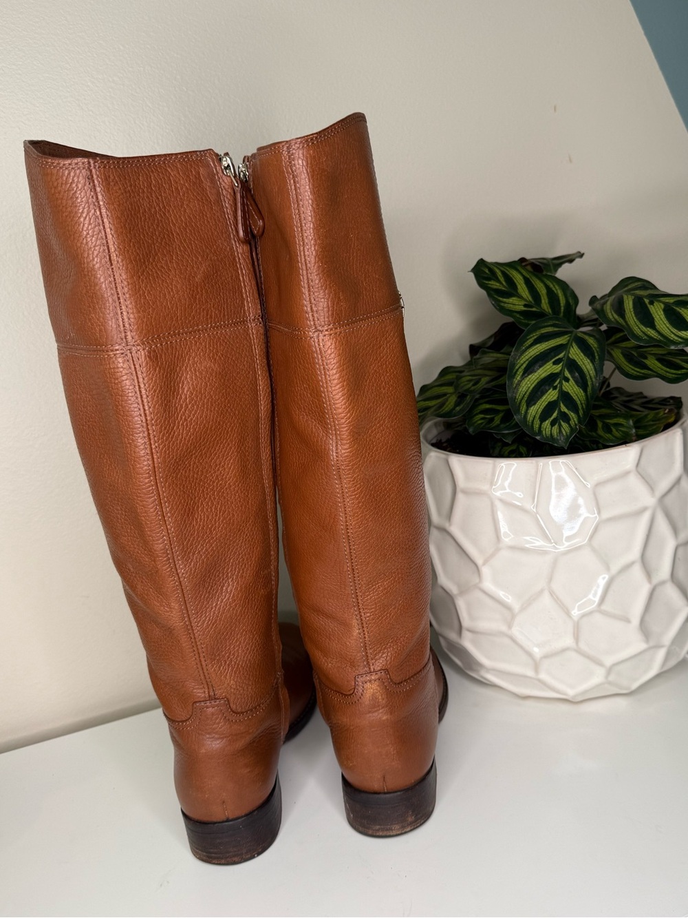 Tory Burch Cognac Pebbled Leather Riding Boots Tall Knee High Logo 7M Brazil - Picture 4 of 9